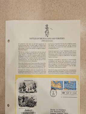 RARE COLLECTIBLE USPS 1ST DAY ISSUE COVER BATTLES VIRGINIA CAPES YORKTOWN STAMP
